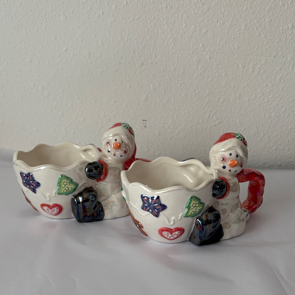 Two (2) Festive Snowman candy dishes Colorful Accents